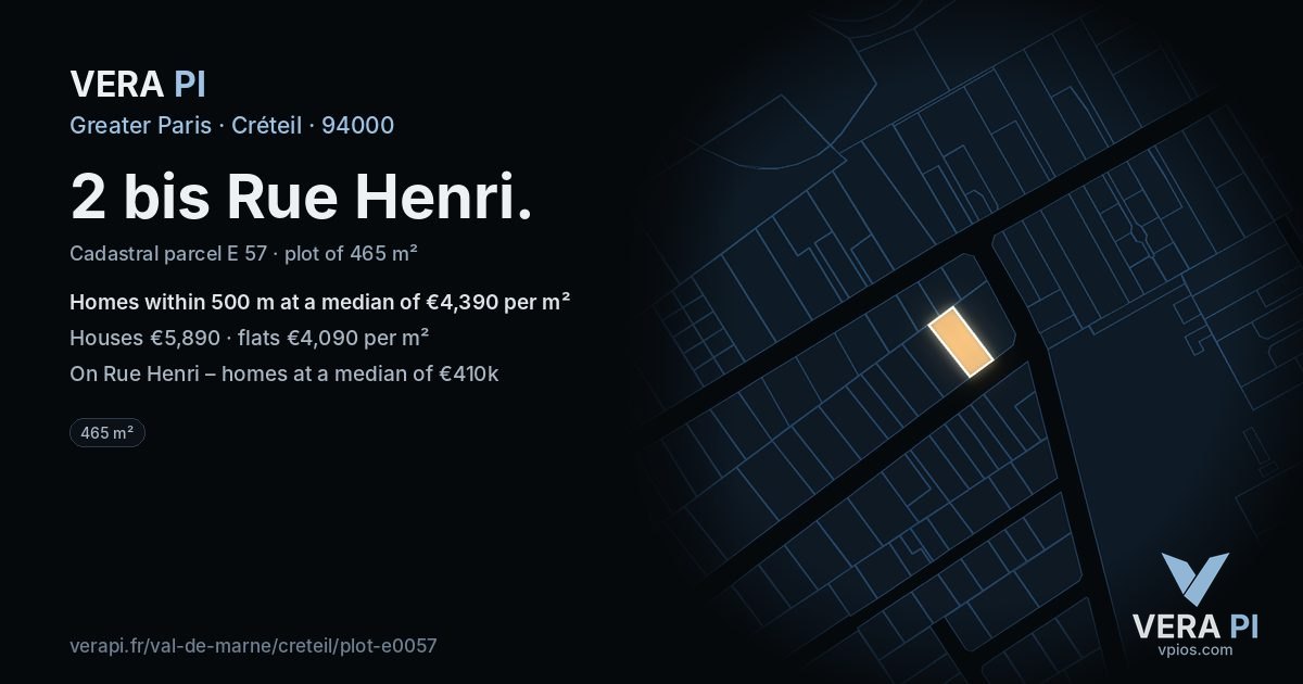 2 bis Rue Henri, Créteil at night – the plot lit, the parcels around coloured by the prices near them