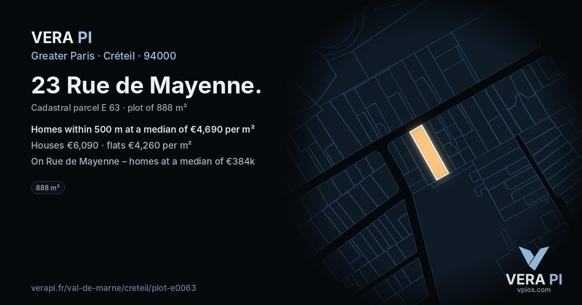 23 Rue de Mayenne, Créteil at night – the plot lit, the parcels around coloured by the prices near them