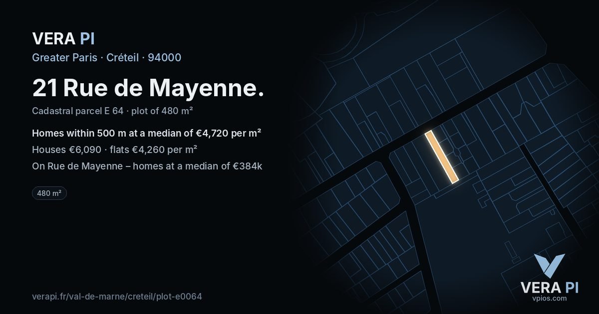 21 Rue de Mayenne, Créteil at night – the plot lit, the parcels around coloured by the prices near them