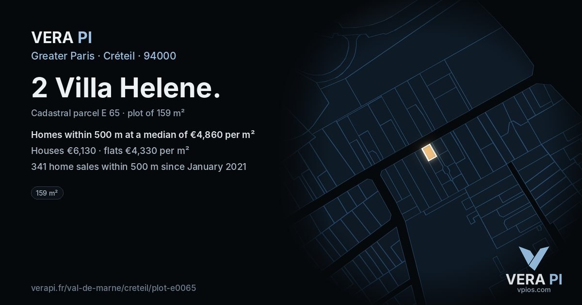 2 Villa Helene, Créteil at night – the plot lit, the parcels around coloured by the prices near them