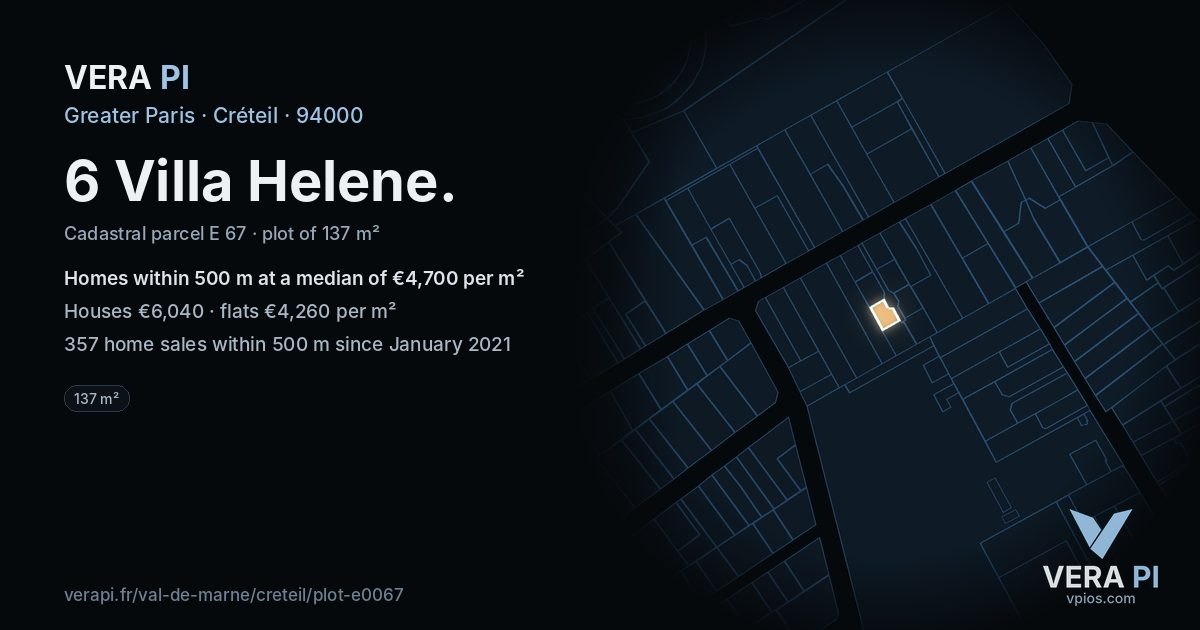 6 Villa Helene, Créteil at night – the plot lit, the parcels around coloured by the prices near them