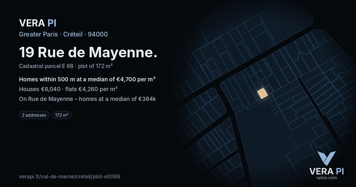 19 Rue de Mayenne, Créteil at night – the plot lit, the parcels around coloured by the prices near them