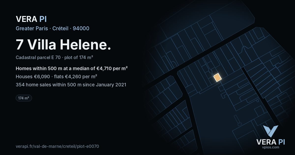 7 Villa Helene, Créteil at night – the plot lit, the parcels around coloured by the prices near them
