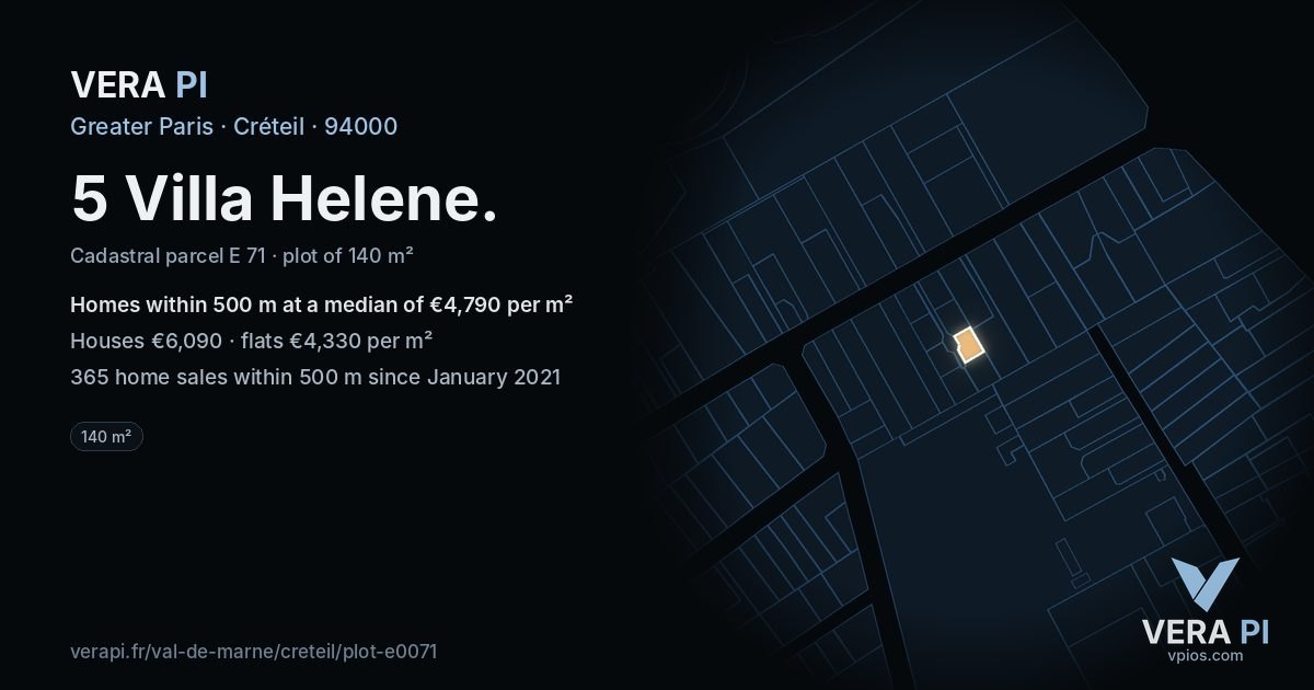 5 Villa Helene, Créteil at night – the plot lit, the parcels around coloured by the prices near them