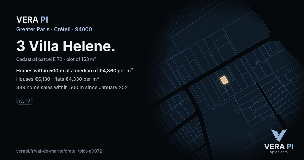 3 Villa Helene, Créteil at night – the plot lit, the parcels around coloured by the prices near them