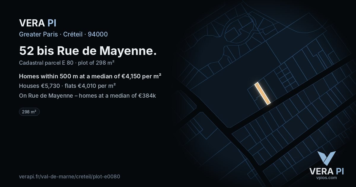 52 bis Rue de Mayenne, Créteil at night – the plot lit, the parcels around coloured by the prices near them