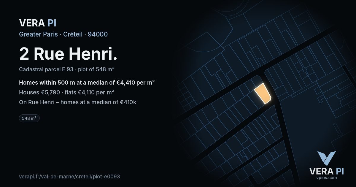 2 Rue Henri, Créteil at night – the plot lit, the parcels around coloured by the prices near them
