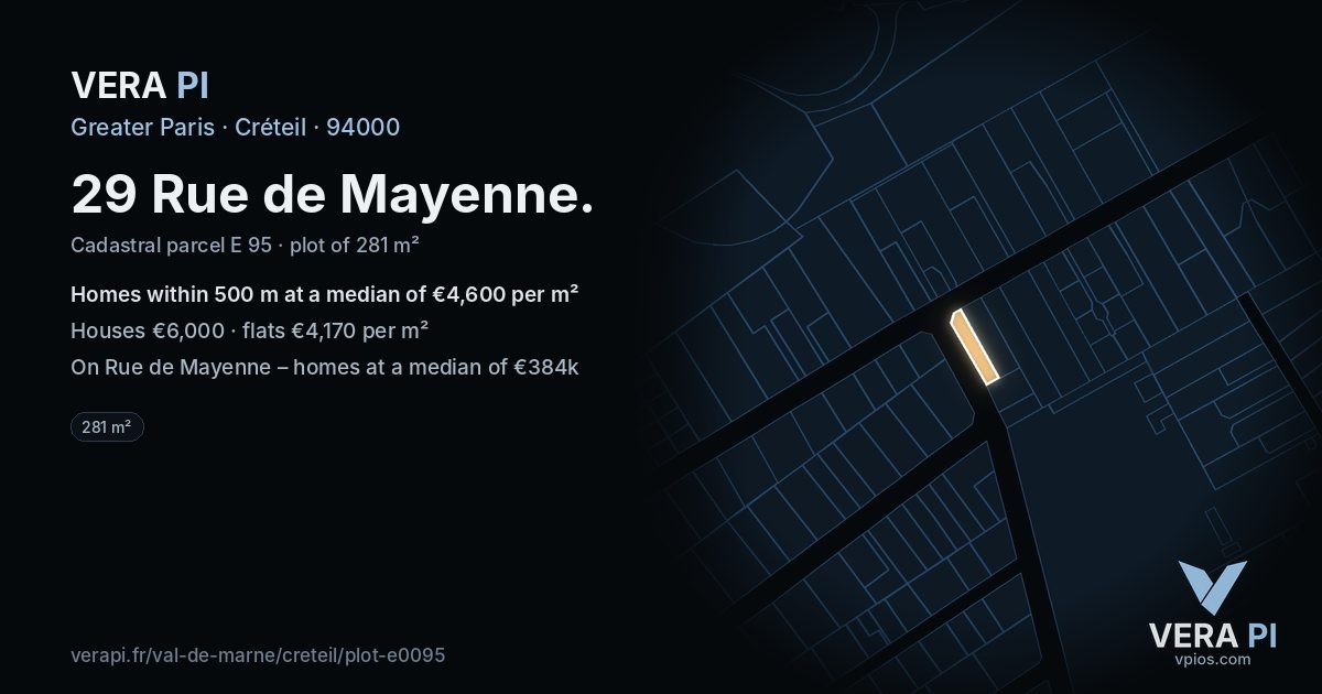 29 Rue de Mayenne, Créteil at night – the plot lit, the parcels around coloured by the prices near them