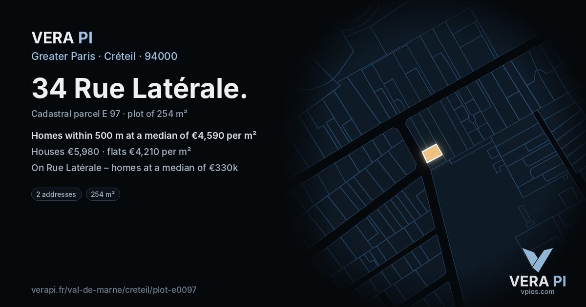 34 Rue Latérale, Créteil at night – the plot lit, the parcels around coloured by the prices near them