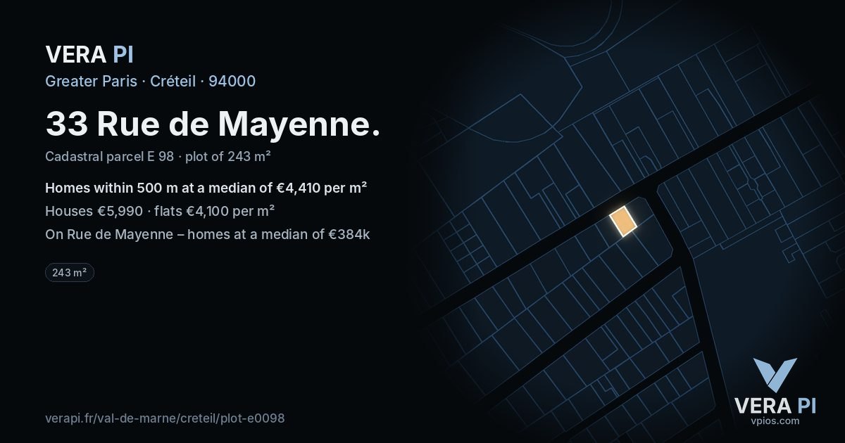 33 Rue de Mayenne, Créteil at night – the plot lit, the parcels around coloured by the prices near them