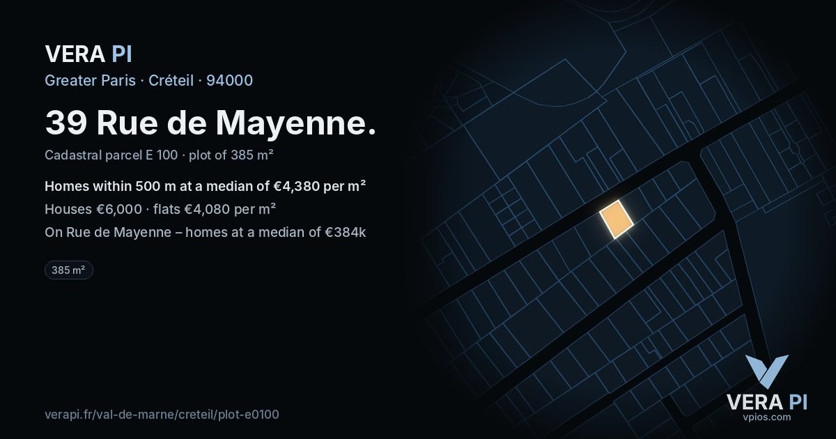 39 Rue de Mayenne, Créteil at night – the plot lit, the parcels around coloured by the prices near them