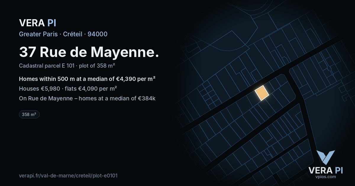 37 Rue de Mayenne, Créteil at night – the plot lit, the parcels around coloured by the prices near them