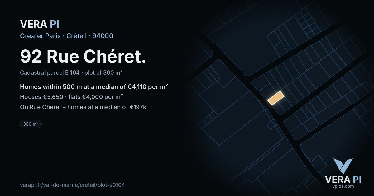 92 Rue Chéret, Créteil at night – the plot lit, the parcels around coloured by the prices near them