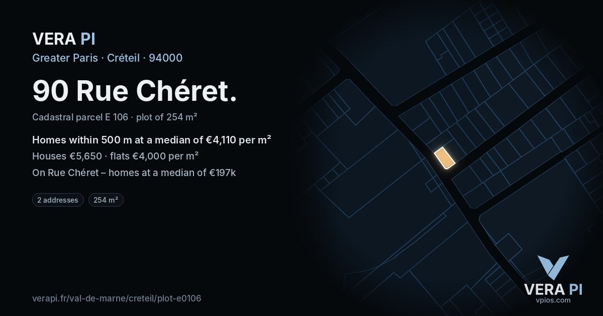 90 Rue Chéret, Créteil at night – the plot lit, the parcels around coloured by the prices near them