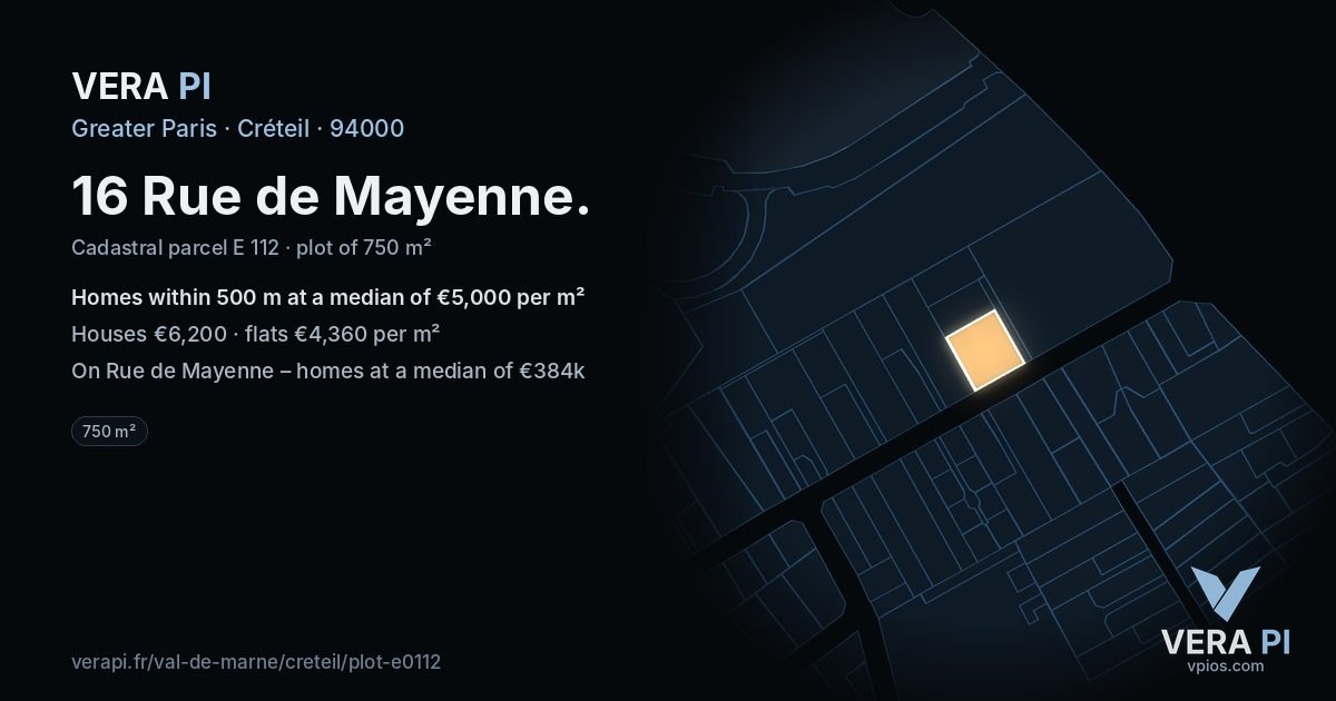 16 Rue de Mayenne, Créteil at night – the plot lit, the parcels around coloured by the prices near them