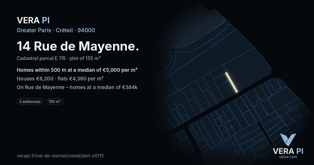 14 Rue de Mayenne, Créteil at night – the plot lit, the parcels around coloured by the prices near them