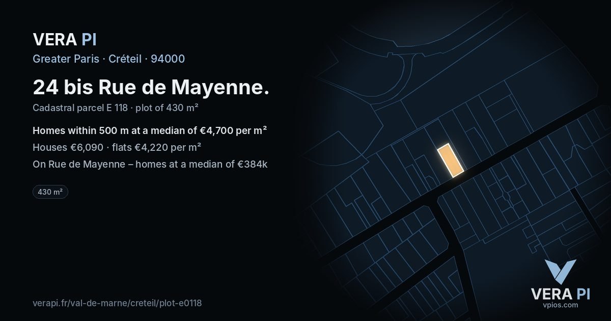 24 bis Rue de Mayenne, Créteil at night – the plot lit, the parcels around coloured by the prices near them
