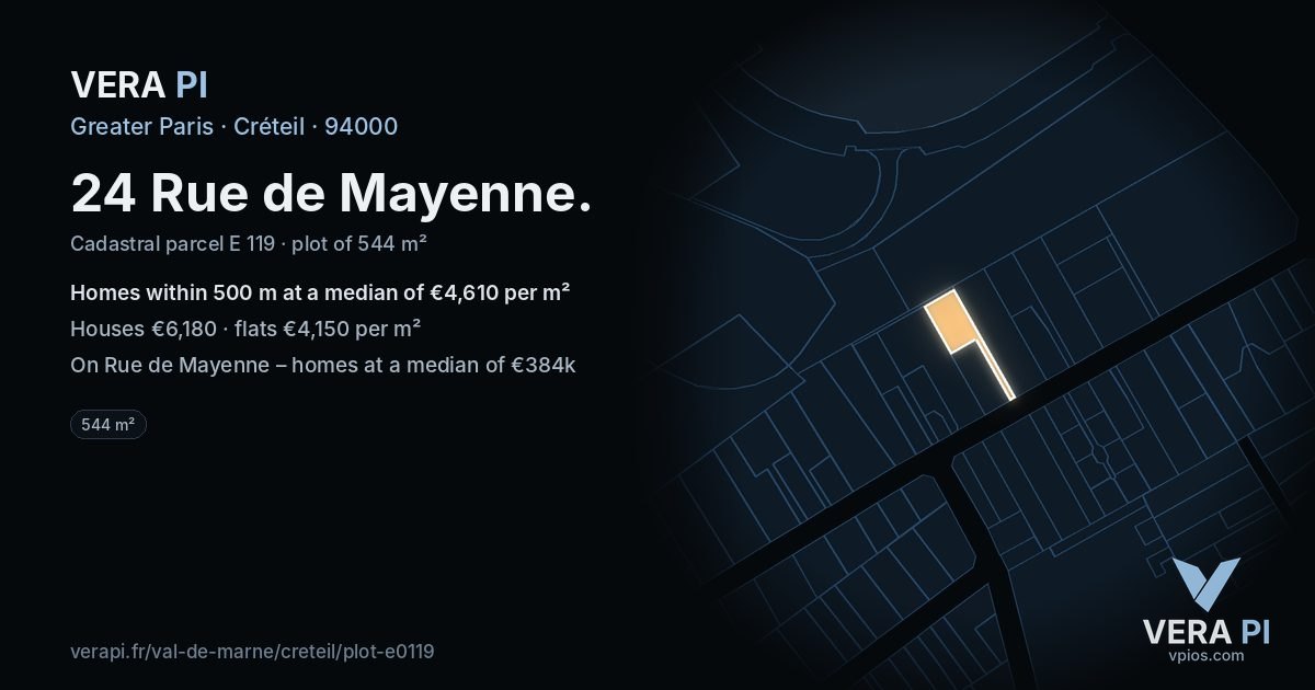 24 Rue de Mayenne, Créteil at night – the plot lit, the parcels around coloured by the prices near them