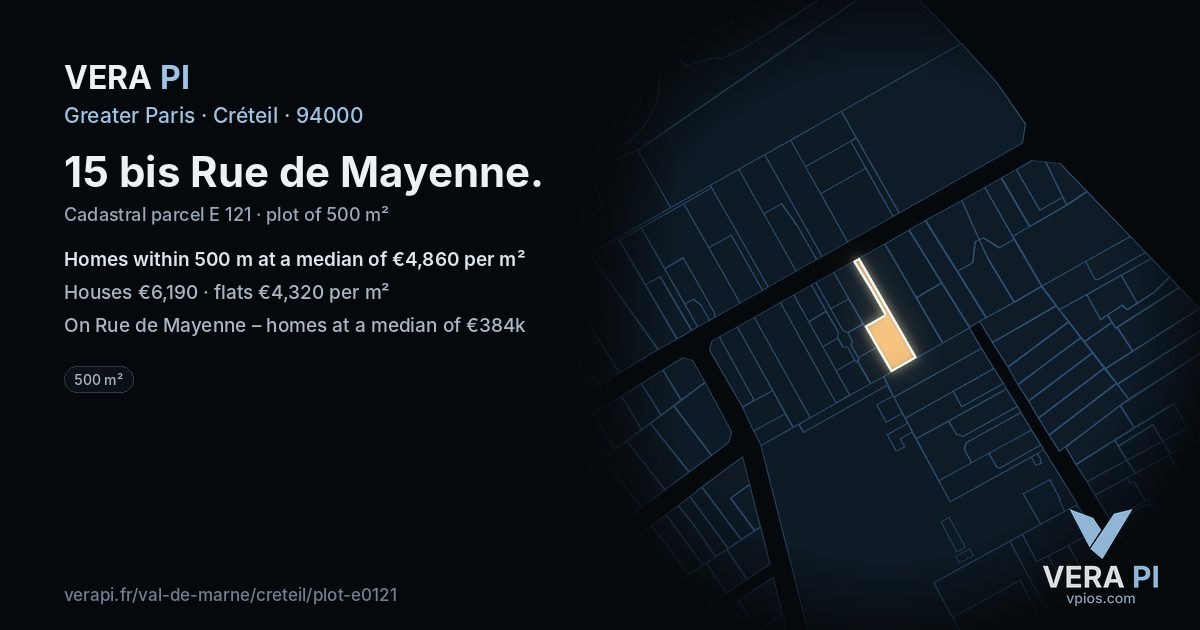 15 bis Rue de Mayenne, Créteil at night – the plot lit, the parcels around coloured by the prices near them