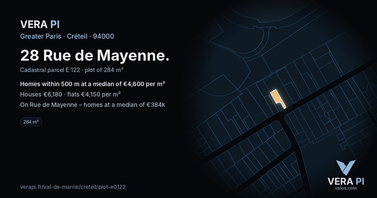 28 Rue de Mayenne, Créteil at night – the plot lit, the parcels around coloured by the prices near them