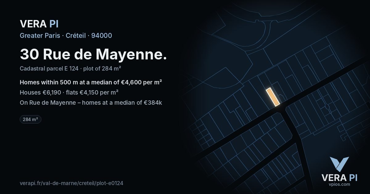 30 Rue de Mayenne, Créteil at night – the plot lit, the parcels around coloured by the prices near them
