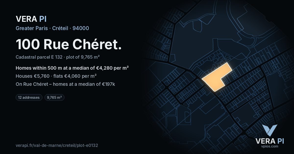 100 Rue Chéret, Créteil at night – the plot lit, the parcels around coloured by the prices near them