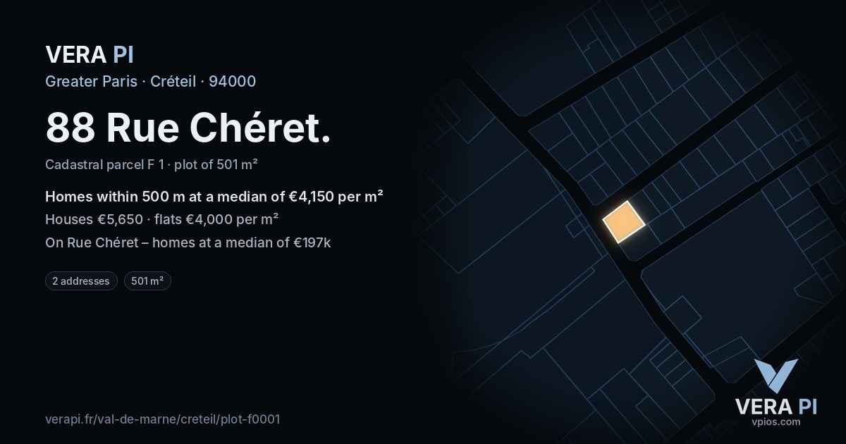 88 Rue Chéret, Créteil at night – the plot lit, the parcels around coloured by the prices near them