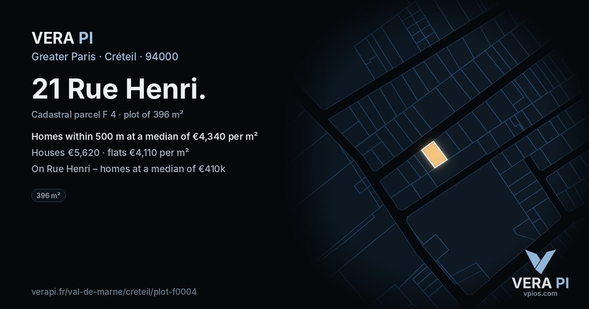 21 Rue Henri, Créteil at night – the plot lit, the parcels around coloured by the prices near them