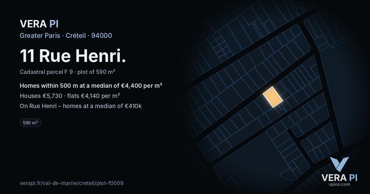 11 Rue Henri, Créteil at night – the plot lit, the parcels around coloured by the prices near them