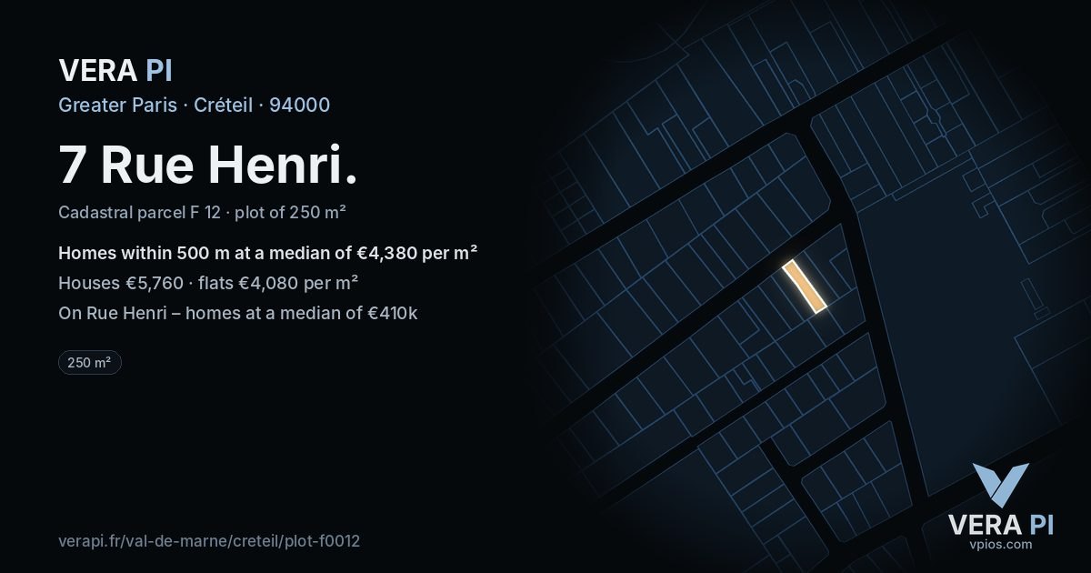 7 Rue Henri, Créteil at night – the plot lit, the parcels around coloured by the prices near them
