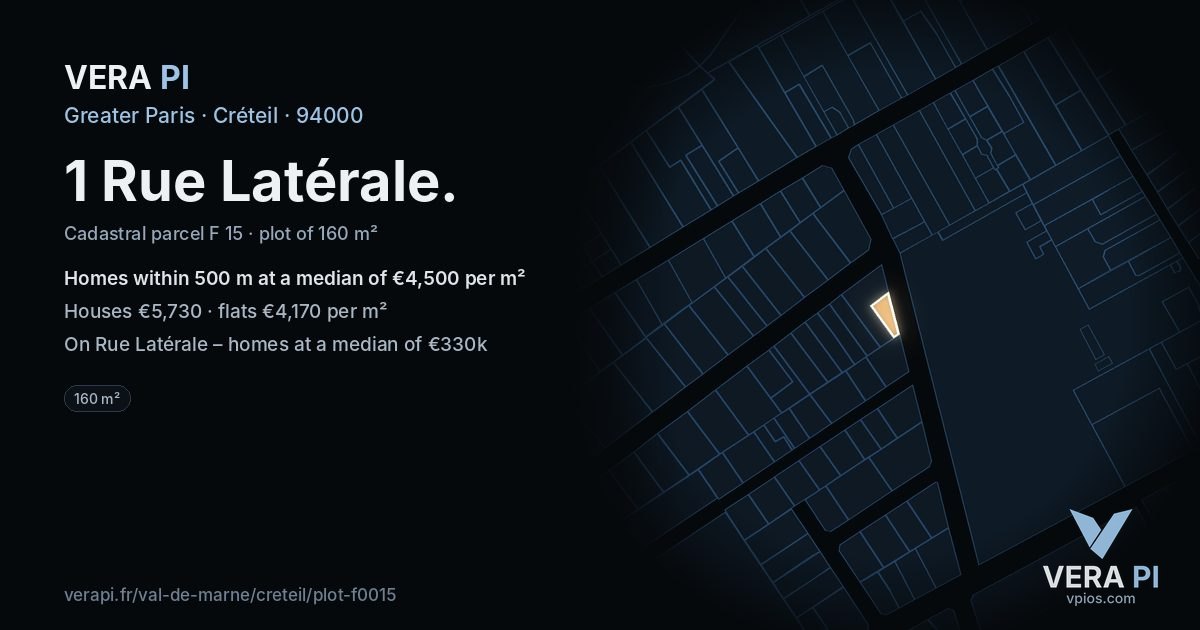 1 Rue Latérale, Créteil at night – the plot lit, the parcels around coloured by the prices near them