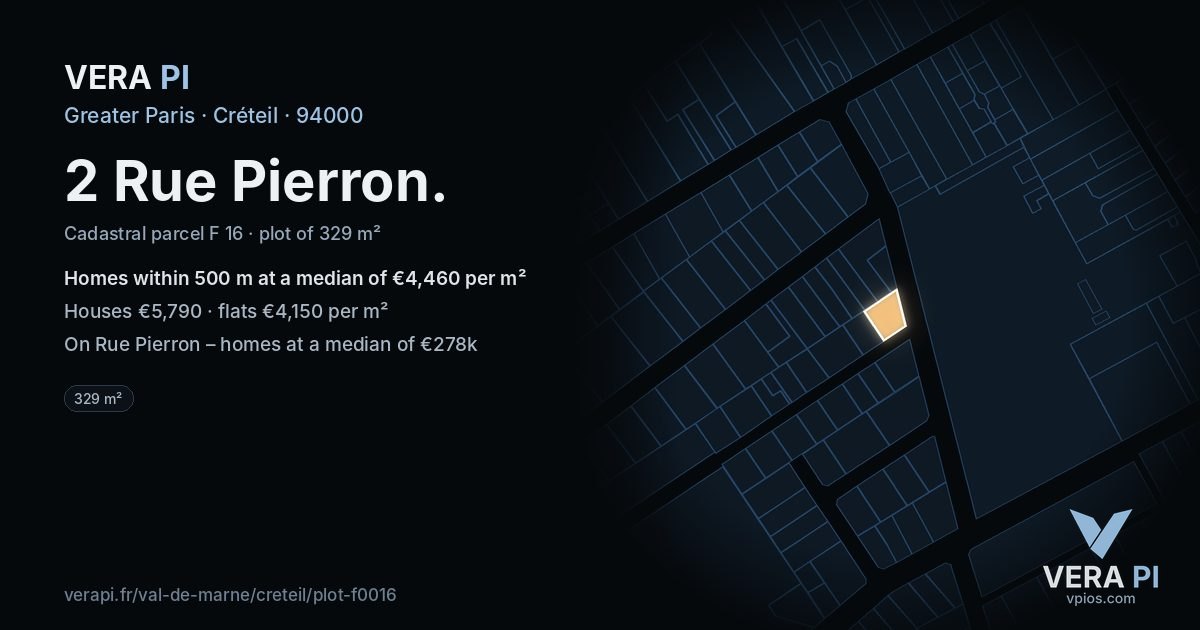 2 Rue Pierron, Créteil at night – the plot lit, the parcels around coloured by the prices near them