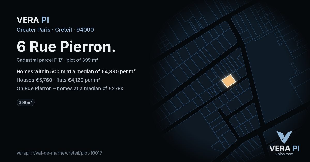 6 Rue Pierron, Créteil at night – the plot lit, the parcels around coloured by the prices near them