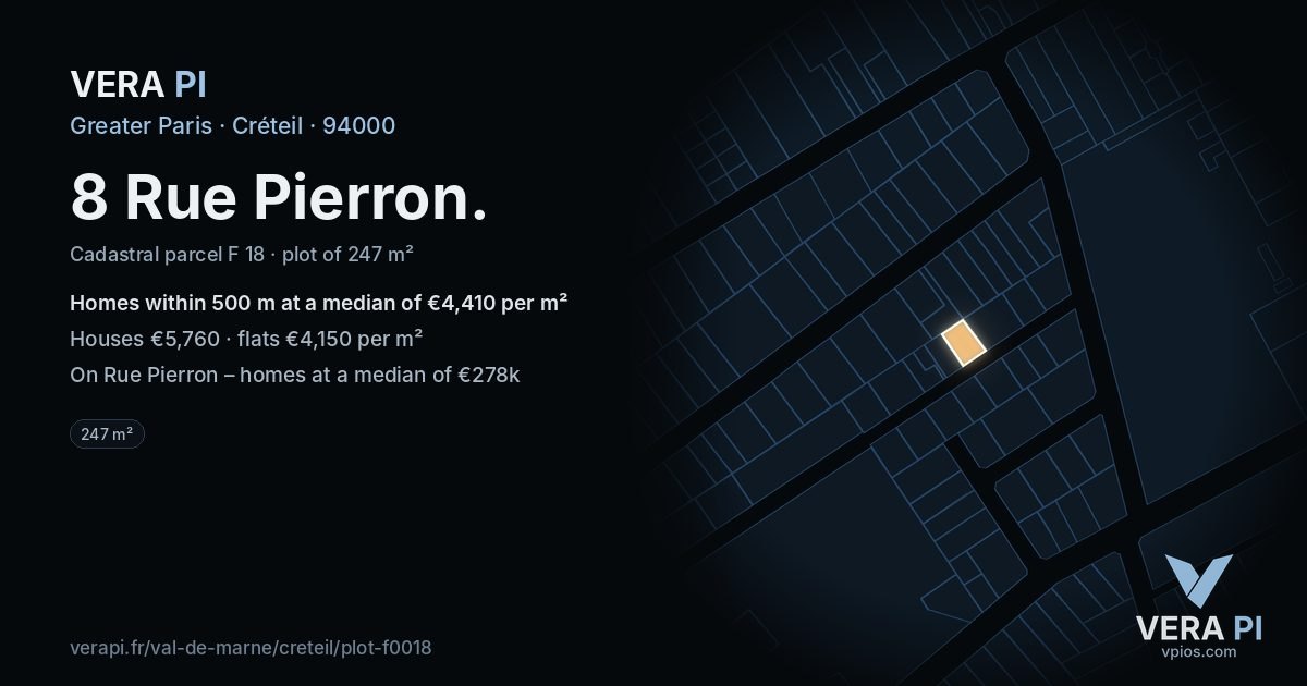 8 Rue Pierron, Créteil at night – the plot lit, the parcels around coloured by the prices near them