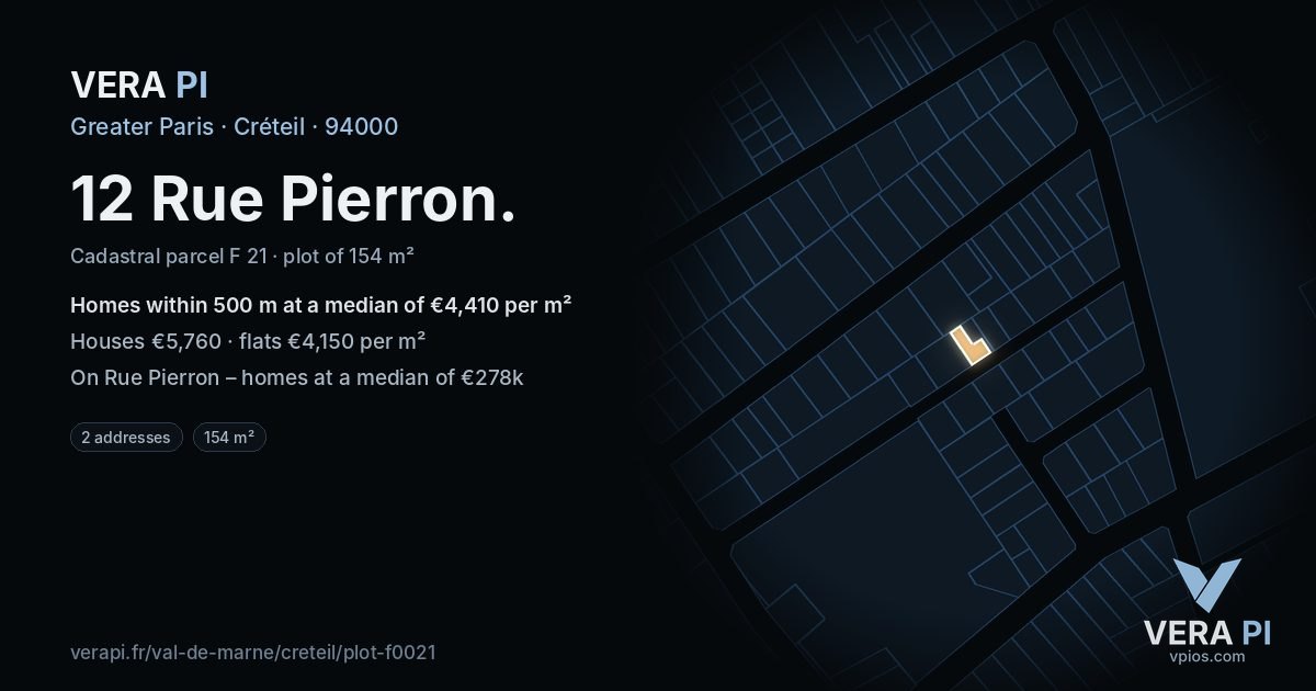 12 Rue Pierron, Créteil at night – the plot lit, the parcels around coloured by the prices near them