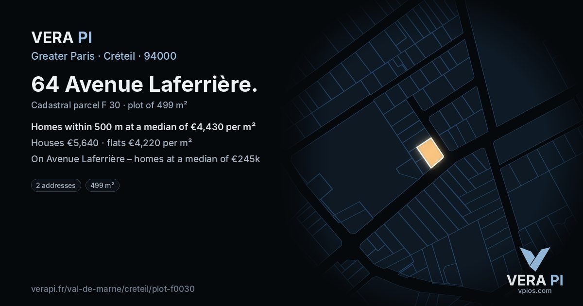 64 Avenue Laferrière, Créteil at night – the plot lit, the parcels around coloured by the prices near them