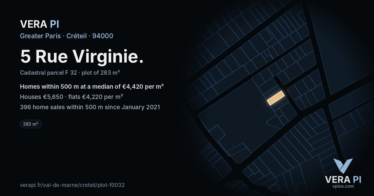 5 Rue Virginie, Créteil at night – the plot lit, the parcels around coloured by the prices near them
