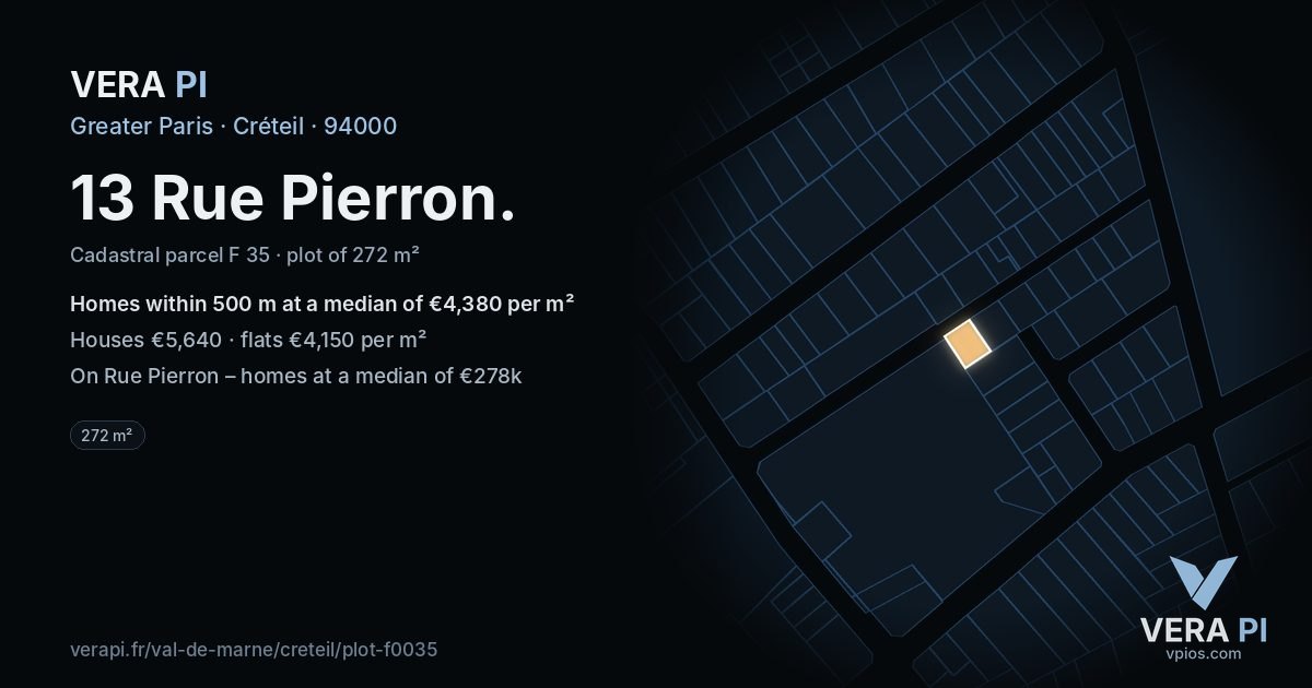 13 Rue Pierron, Créteil at night – the plot lit, the parcels around coloured by the prices near them