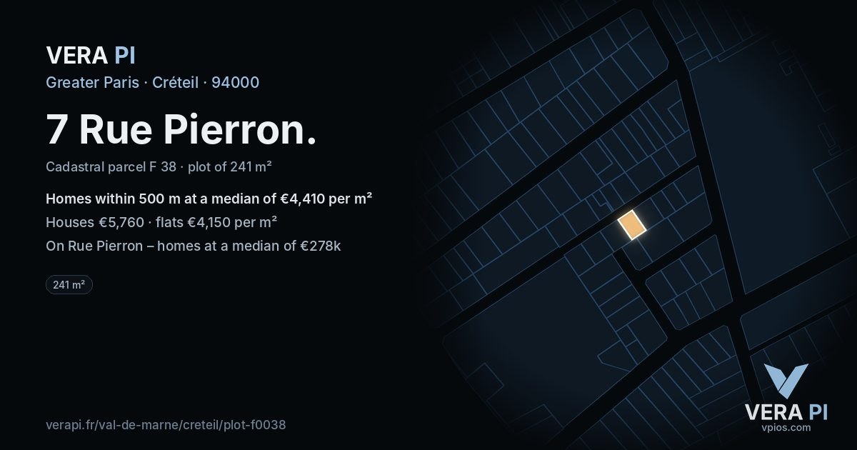 7 Rue Pierron, Créteil at night – the plot lit, the parcels around coloured by the prices near them