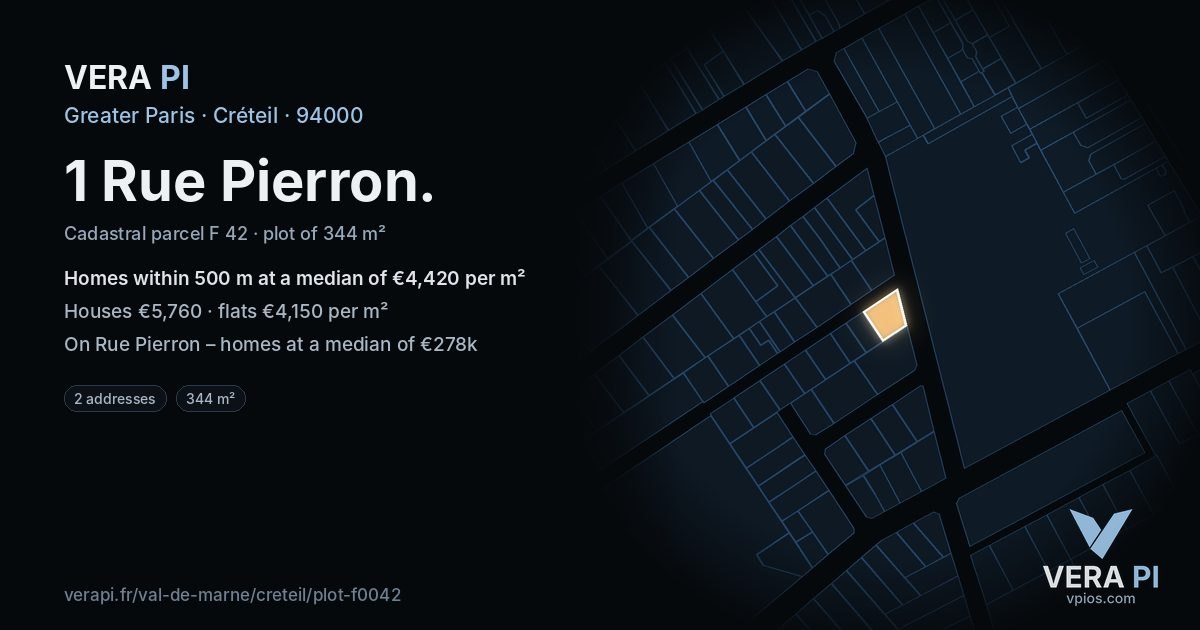 1 Rue Pierron, Créteil at night – the plot lit, the parcels around coloured by the prices near them