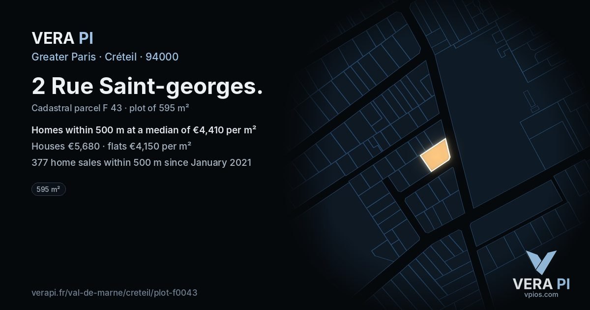 2 Rue Saint-georges, Créteil at night – the plot lit, the parcels around coloured by the prices near them