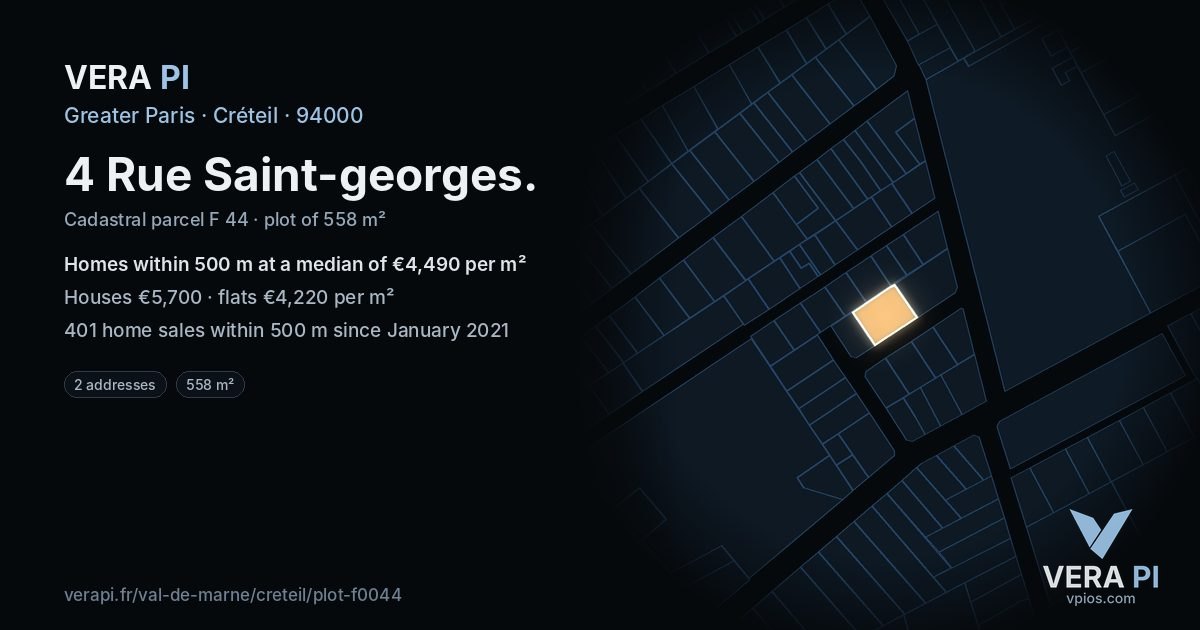 4 Rue Saint-georges, Créteil at night – the plot lit, the parcels around coloured by the prices near them
