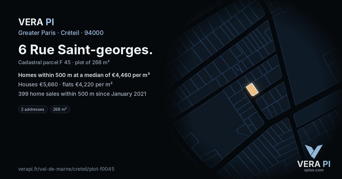 6 Rue Saint-georges, Créteil at night – the plot lit, the parcels around coloured by the prices near them