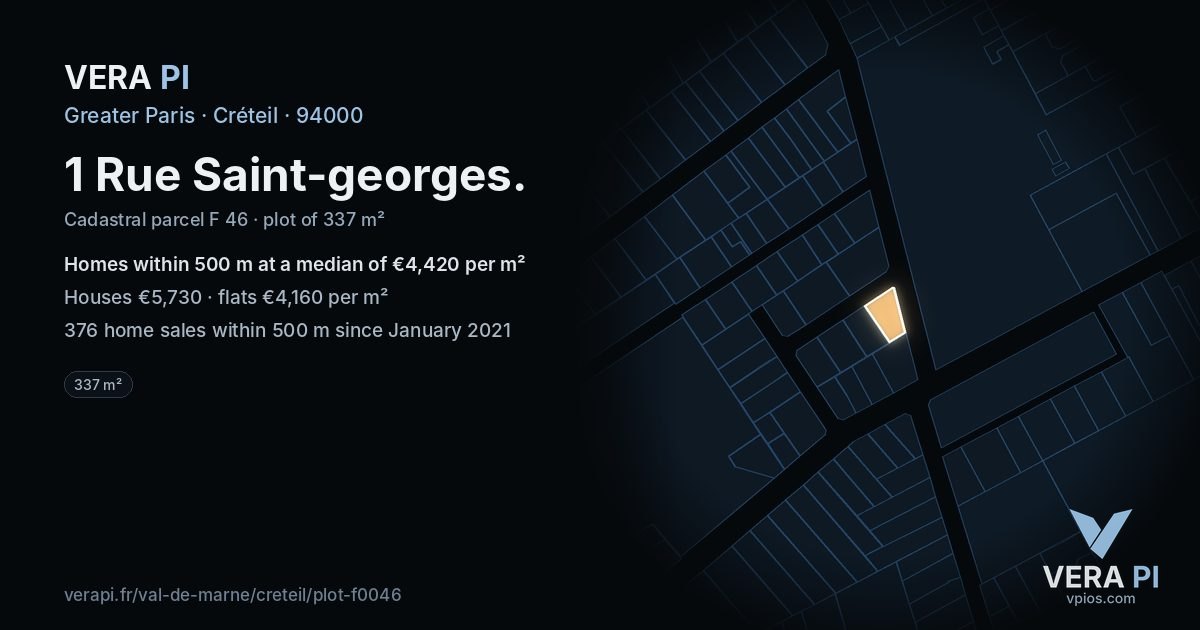 1 Rue Saint-georges, Créteil at night – the plot lit, the parcels around coloured by the prices near them