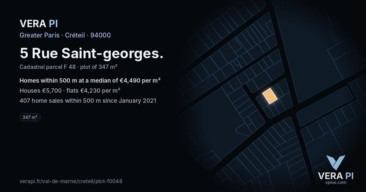 5 Rue Saint-georges, Créteil at night – the plot lit, the parcels around coloured by the prices near them