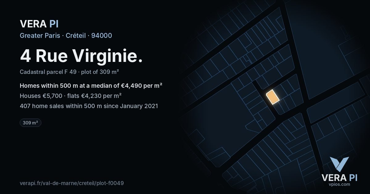 4 Rue Virginie, Créteil at night – the plot lit, the parcels around coloured by the prices near them