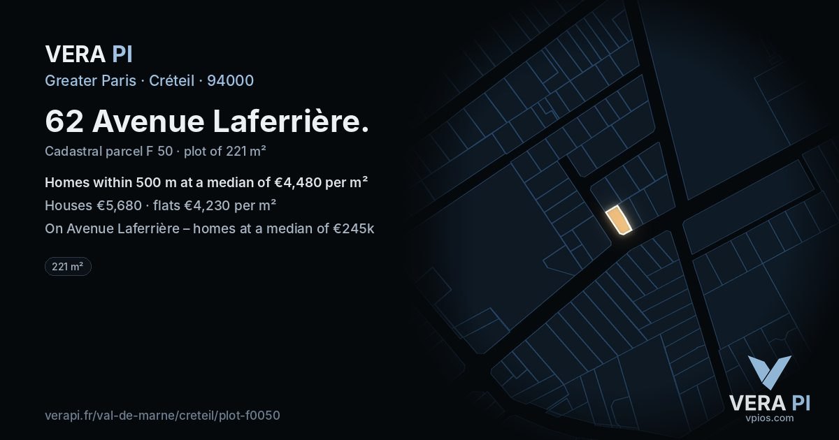 62 Avenue Laferrière, Créteil at night – the plot lit, the parcels around coloured by the prices near them