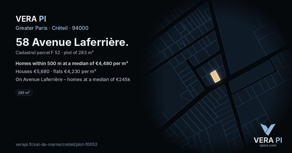 58 Avenue Laferrière, Créteil at night – the plot lit, the parcels around coloured by the prices near them