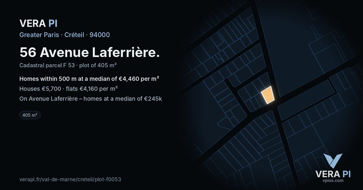 56 Avenue Laferrière, Créteil at night – the plot lit, the parcels around coloured by the prices near them