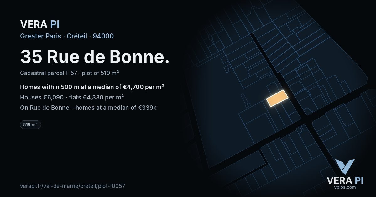 35 Rue de Bonne, Créteil at night – the plot lit, the parcels around coloured by the prices near them